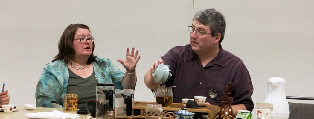 Charles Pouring a gaiwan and Laurie looking worried